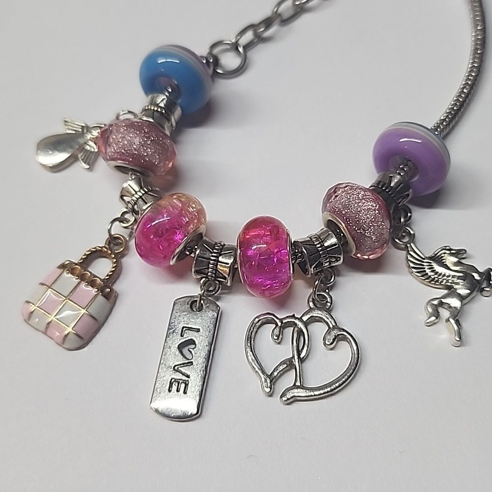 Womens Charm Bracelet Silver Tone Slide Charms - Picture 2 of 6